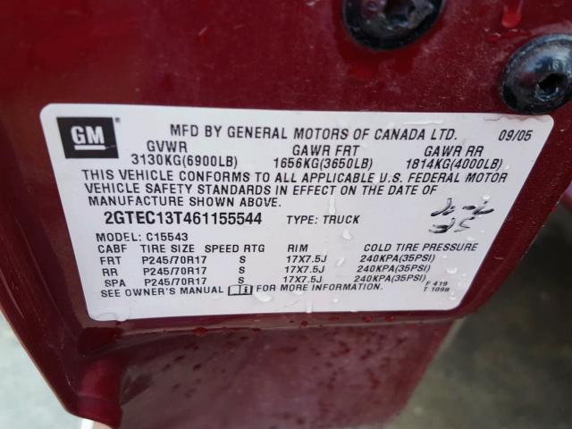 2GTEC13T461155544 - 2006 GMC NEW SIERRA MAROON photo 10