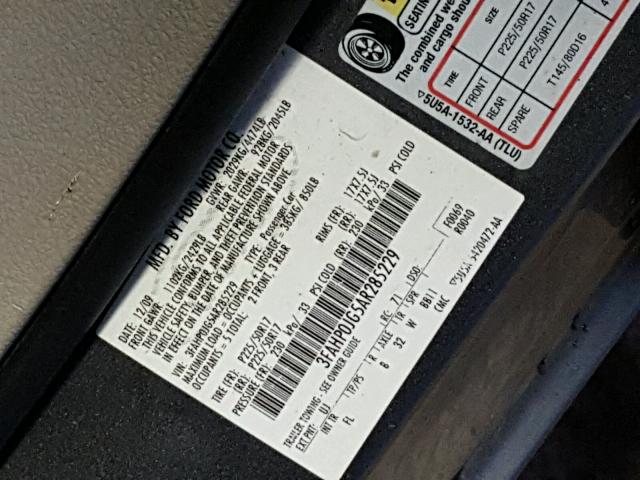 3FAHP0JG5AR285229 - 2010 FORD FUSION SEL GRAY photo 10