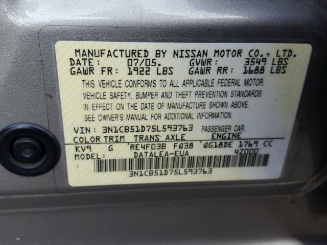 3N1CB51D75L593763 - 2005 NISSAN SENTRA 1.8 GOLD photo 10