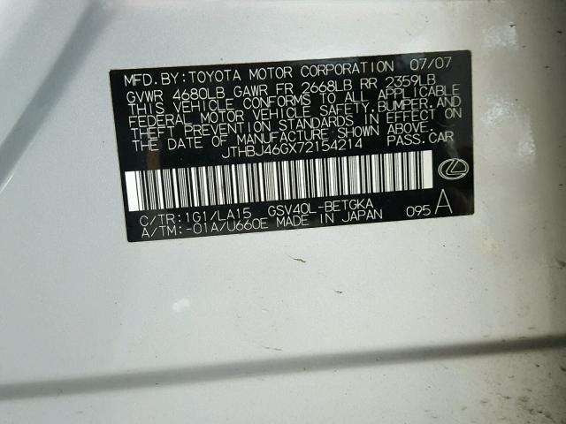 JTHBJ46GX72154214 - 2007 LEXUS ES 350 SILVER photo 10