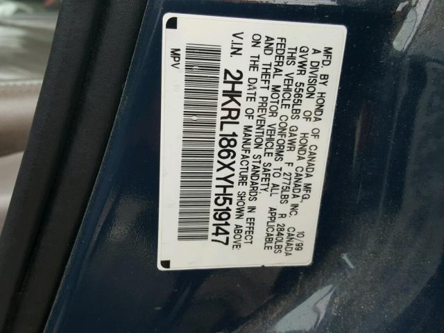 2HKRL186XYH519147 - 2000 HONDA ODYSSEY EX BLUE photo 10