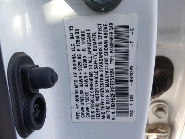19XFB2F91FE251504 - 2015 HONDA CIVIC EXL 白色 照片 10