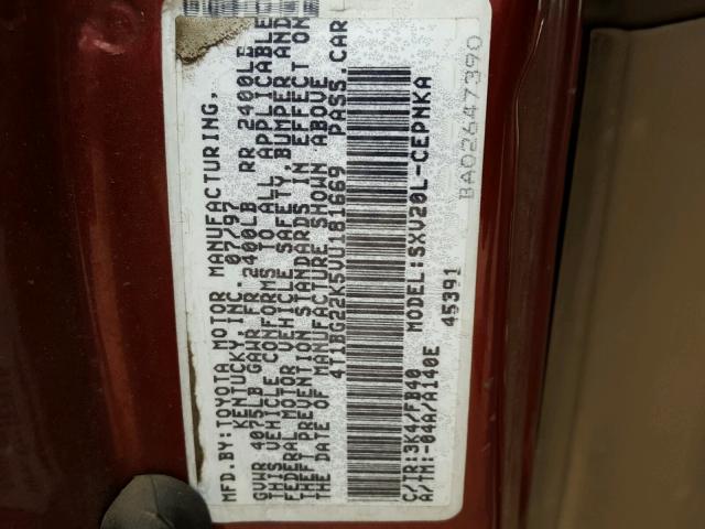 4T1BG22K5VU181669 - 1997 TOYOTA CAMRY CE RED photo 10