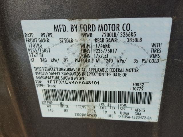 1FTFX1EV4AFA48101 - 2010 FORD F150 SUPER GRAY photo 10