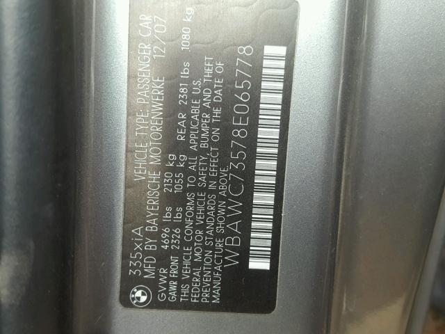 WBAWC73578E065778 - 2008 BMW 335 XI GRAY photo 10