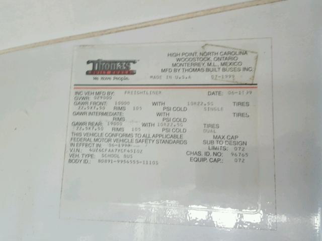 4UZ6CFAA7YCF45102 - 2000 FREIGHTLINER CHASSIS FS YELLOW photo 10