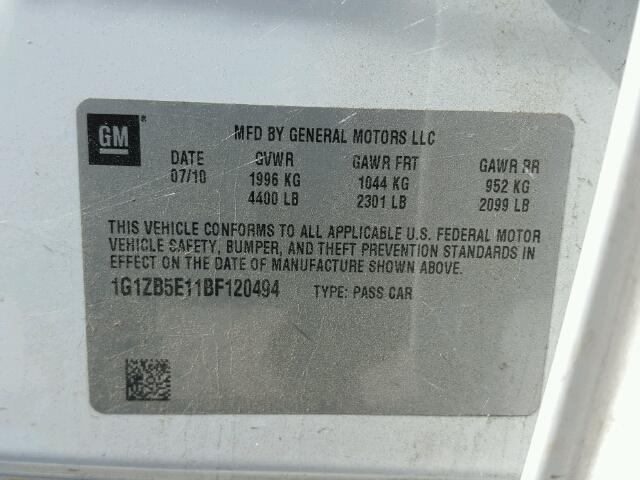 1G1ZB5E11BF120494 - 2011 CHEVROLET MALIBU LS WHITE photo 10