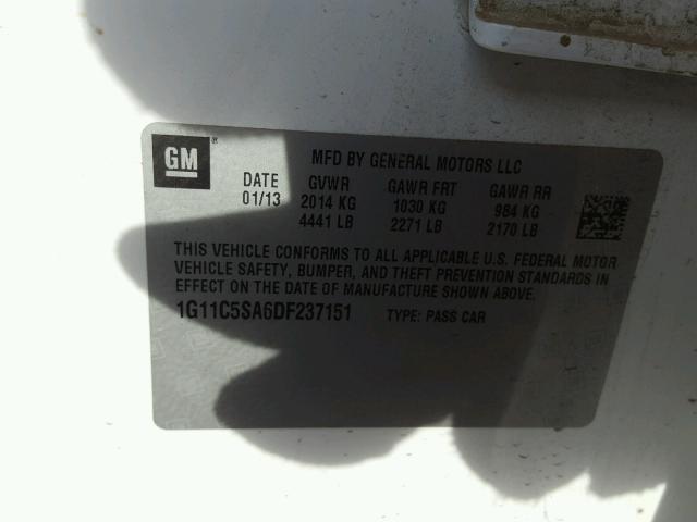 1G11C5SA6DF237151 - 2013 CHEVROLET MALIBU 1LT WHITE photo 10