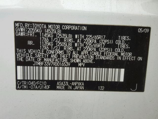 JTMBF33V79D016539 - 2009 TOYOTA RAV4 WHITE photo 10