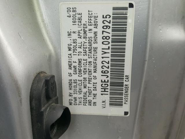 1HGEJ6221YL087925 - 2000 HONDA CIVIC DX SILVER photo 10