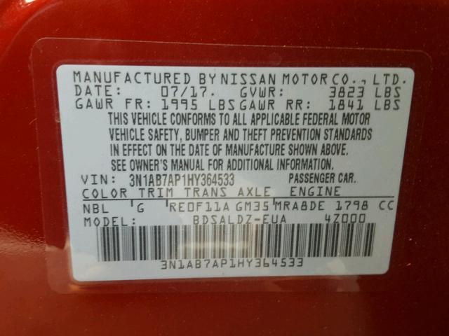 3N1AB7AP1HY364533 - 2017 NISSAN SENTRA S RED photo 10