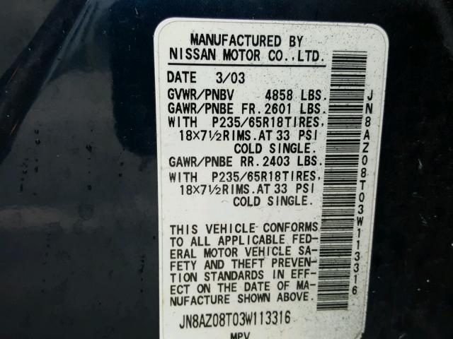 JN8AZ08T03W113316 - 2003 NISSAN MURANO SL BLUE photo 10