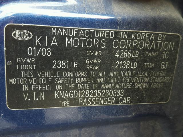 KNAGD128235230333 - 2003 KIA OPTIMA LX BLUE photo 10