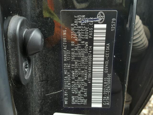 4T1BK46K48U067414 - 2008 TOYOTA CAMRY LE 黑色 照片 10