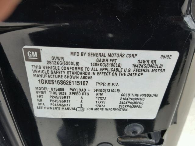 1GKES16S626115107 - 2002 GMC ENVOY BLACK photo 10