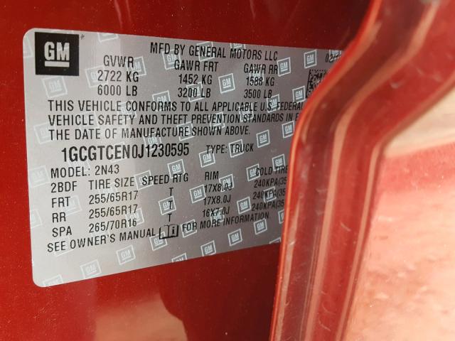 1GCGTCEN0J1230595 - 2018 CHEVROLET COLORADO L RED photo 10