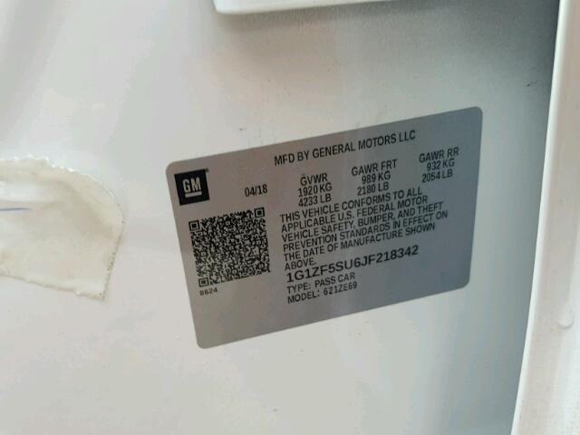 1G1ZF5SU6JF218342 - 2018 CHEVROLET MALIBU HYB 白色 照片 10