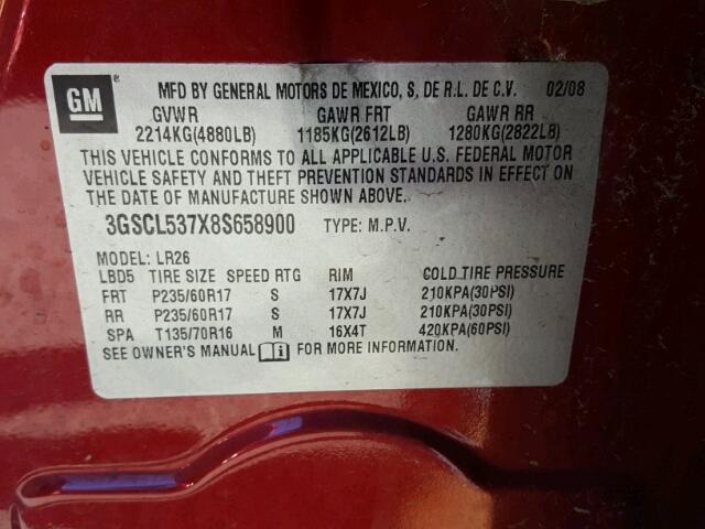 3GSCL537X8S658900 - 2008 SATURN VUE XR RED photo 10