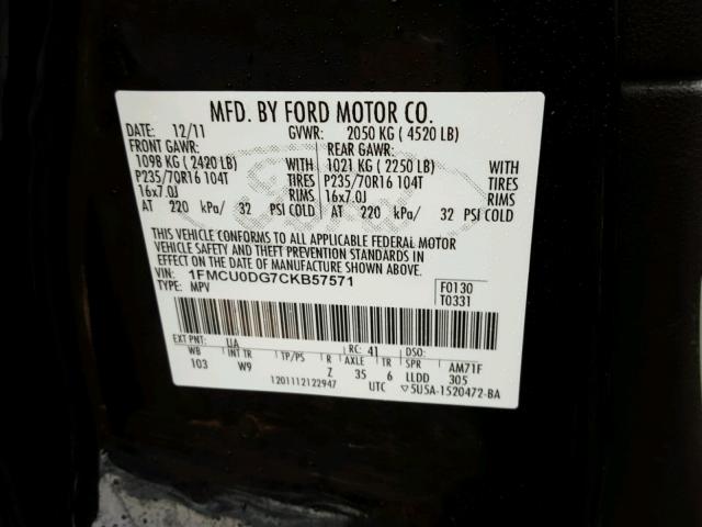 1FMCU0DG7CKB57571 - 2012 FORD ESCAPE XLT BLACK photo 10