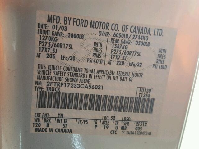 2FTRF17233CA56031 - 2003 FORD F150 SILVER photo 10