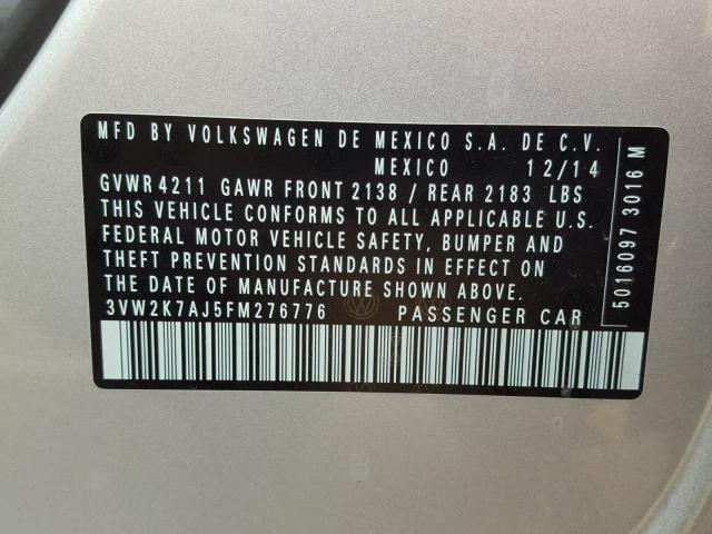 3VW2K7AJ5FM276776 - 2015 VOLKSWAGEN JETTA BASE ვერცხლისფერი ფოტო 10