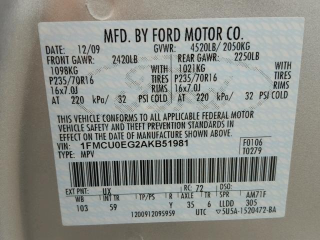 1FMCU0EG2AKB51981 - 2010 FORD ESCAPE LIM SILVER photo 10