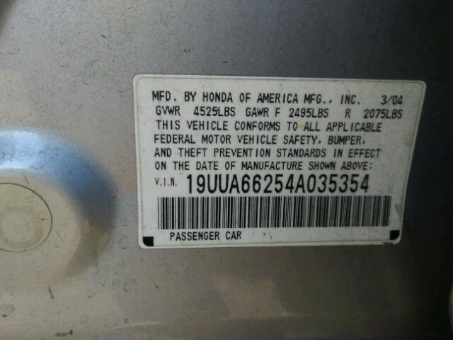 19UUA66254A035354 - 2004 ACURA TL SILVER photo 10