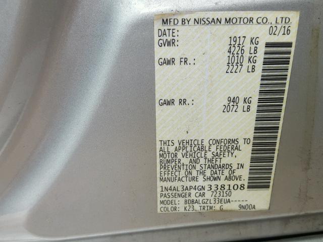 1N4AL3AP4GN338108 - 2016 NISSAN ALTIMA 2.5 GRAY photo 10