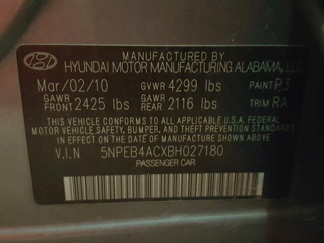 5NPEB4ACXBH027180 - 2011 HYUNDAI SONATA GLS GRAY photo 10