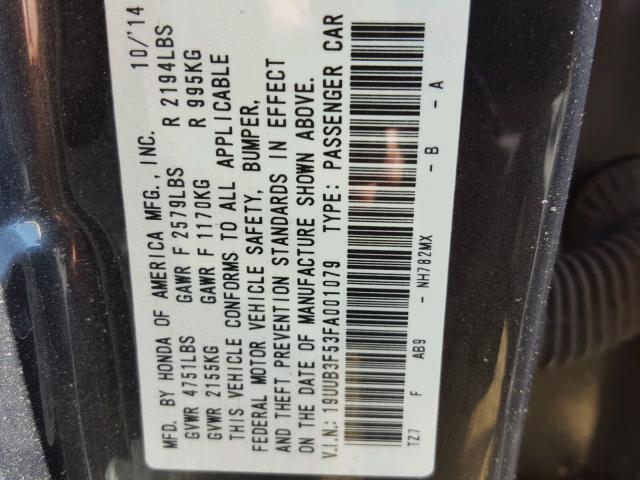 19UUB3F53FA001079 - 2015 ACURA TLX TECH ნაცრისფერი ფოტო 10