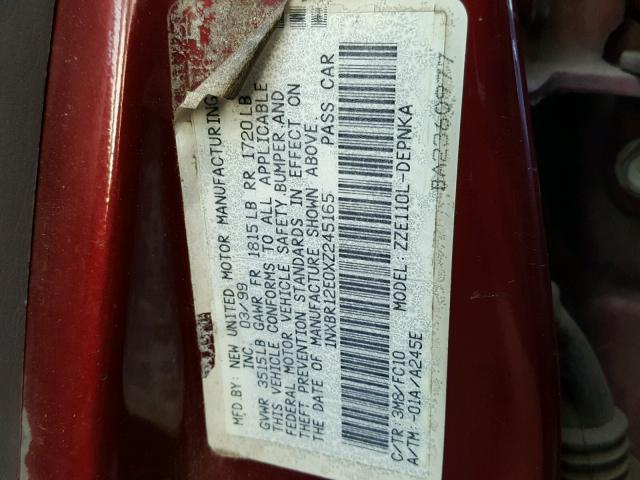 1NXBR12E0XZ245165 - 1999 TOYOTA COROLLA RED photo 10