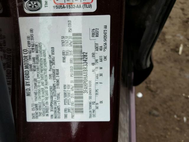 3FAHP0HAXBR334282 - 2011 FORD FUSION SE BURGUNDY photo 10