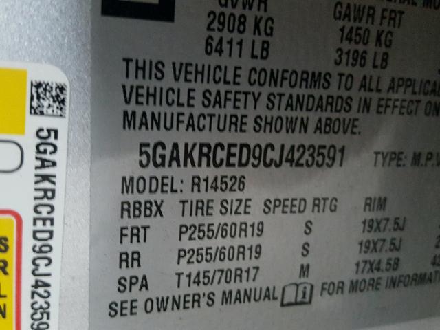 5GAKRCED9CJ423591 - 2012 BUICK ENCLAVE SILVER photo 10