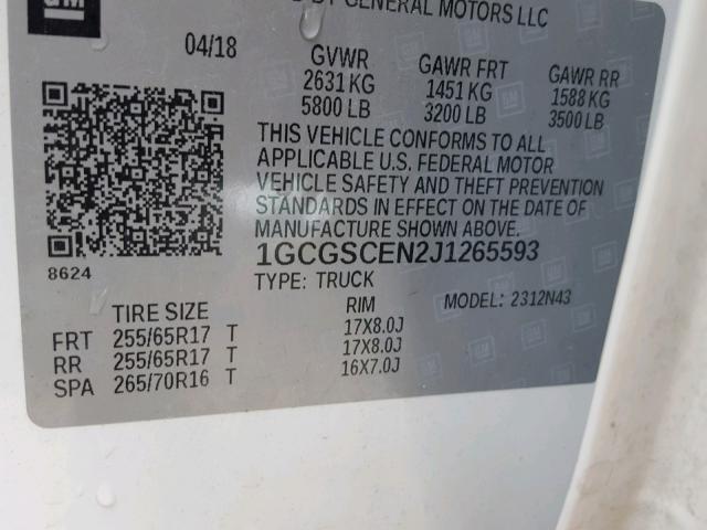 1GCGSCEN2J1265593 - 2018 CHEVROLET COLORADO L WHITE photo 10