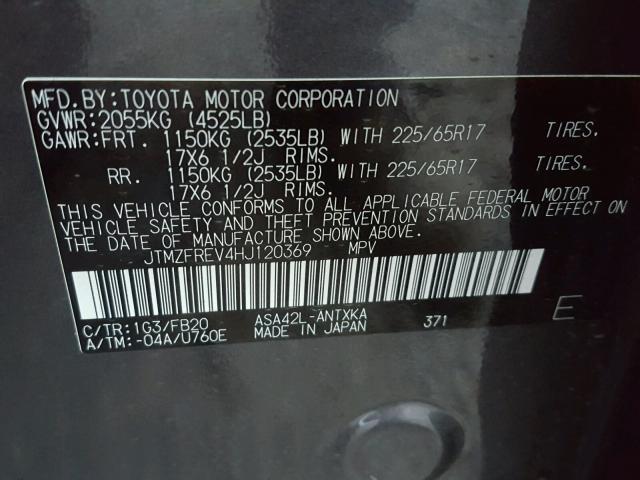 JTMZFREV4HJ120369 - 2017 TOYOTA RAV4 LE CHARCOAL photo 10