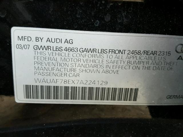 WAUAF78EX7A224129 - 2007 AUDI A4 2 BLACK photo 10