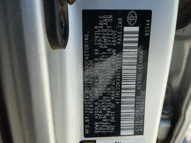 4T1BE32KX6U725211 - 2006 TOYOTA CAMRY LE SILVER photo 10