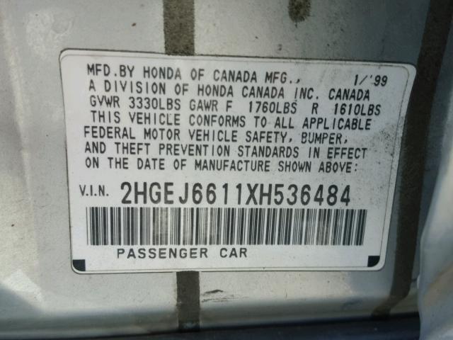 2HGEJ6611XH536484 - 1999 HONDA CIVIC BASE SILVER photo 10