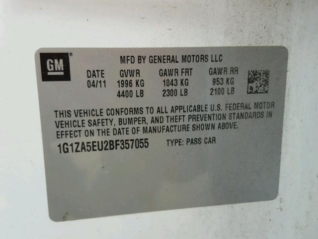 1G1ZA5EU2BF357055 - 2011 CHEVROLET MALIBU LS თეთრი ფოტო 10