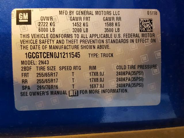 1GCGTCEN0J1211545 - 2018 CHEVROLET COLORADO L BLUE photo 10