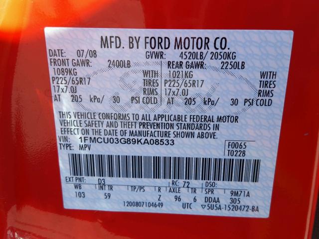 1FMCU03G89KA08533 - 2009 FORD ESCAPE XLT RED photo 10