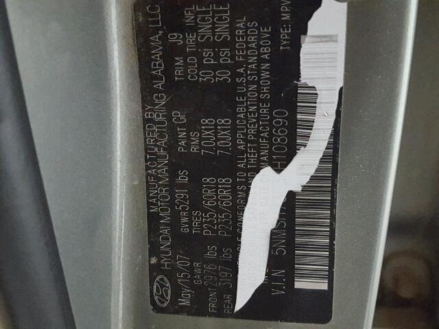 5NMSH73E37H108690 - 2007 HYUNDAI SANTA FE S 灰色 照片 10