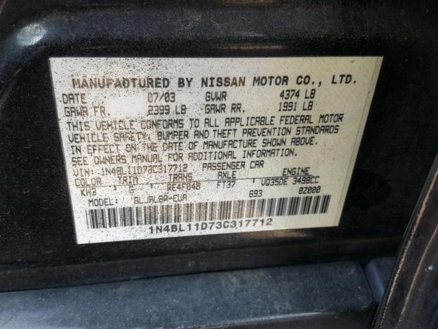 1N4BL11D73C317712 - 2003 NISSAN ALTIMA SE BLACK photo 10