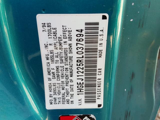 1HGEJ1225RL037694 - 1994 HONDA CIVIC EX TEAL photo 10