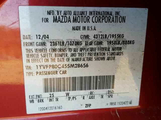 1YVFP80C455M28656 - 2005 MAZDA 6 I RED photo 10