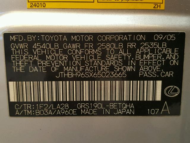 JTHBH96SX65023665 - 2006 LEXUS GS GENERAT SILVER photo 10