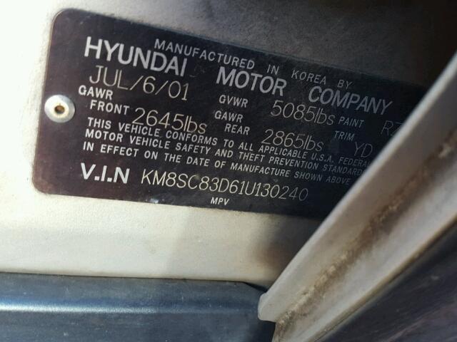 KM8SC83D61U130240 - 2001 HYUNDAI SANTA FE G GRAY photo 10