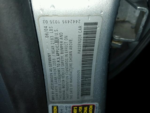 WVWAD63B95P006905 - 2005 VOLKSWAGEN PASSAT GLS SILVER photo 10