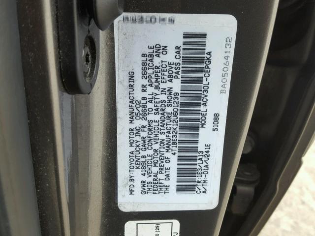 4T1BE32K12U601239 - 2002 TOYOTA CAMRY LE 灰色 照片 10