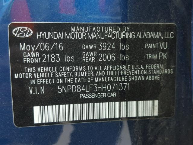 5NPD84LF3HH071371 - 2017 HYUNDAI ELANTRA SE BLUE photo 10